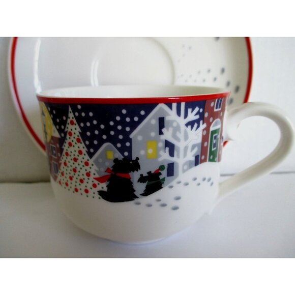 Noritake Twas the Night Before Christmas Cup & Saucer Scottie Dogs Snowy Village - Picture 2 of 8